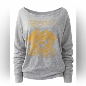 Queen Crest Sweatshirt L Gray Gold Graphic Off Shoulder Slouchy Oversized  NWOT